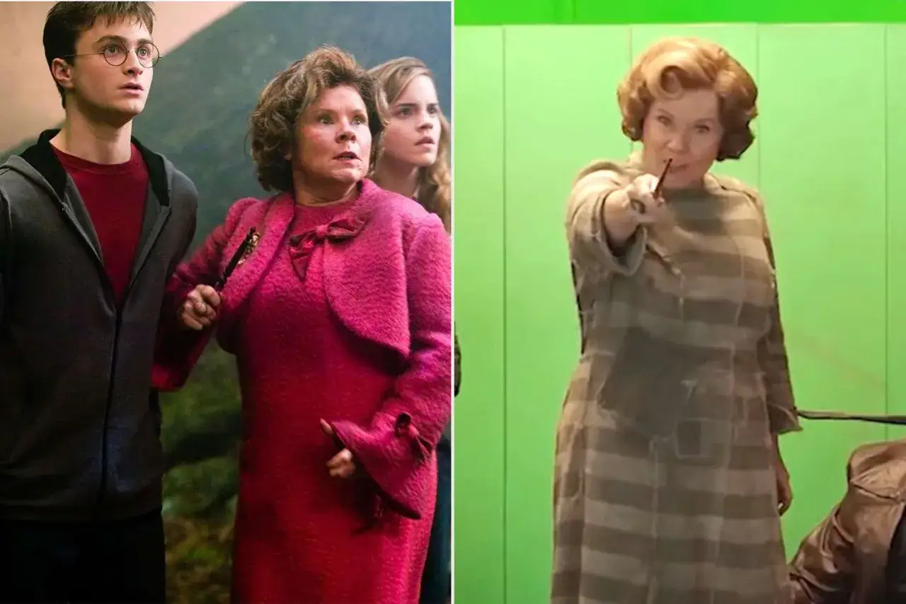 Imelda Staunton jako Dolores Umbridge w różowej kreacji i w stroju więziennym. Kto grał Dolores Umbridge?