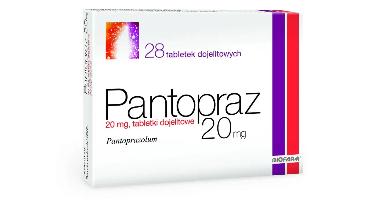 Opakowanie leku Pantopraz 20 mg, zawierające 28 tabletek dojelitowych.