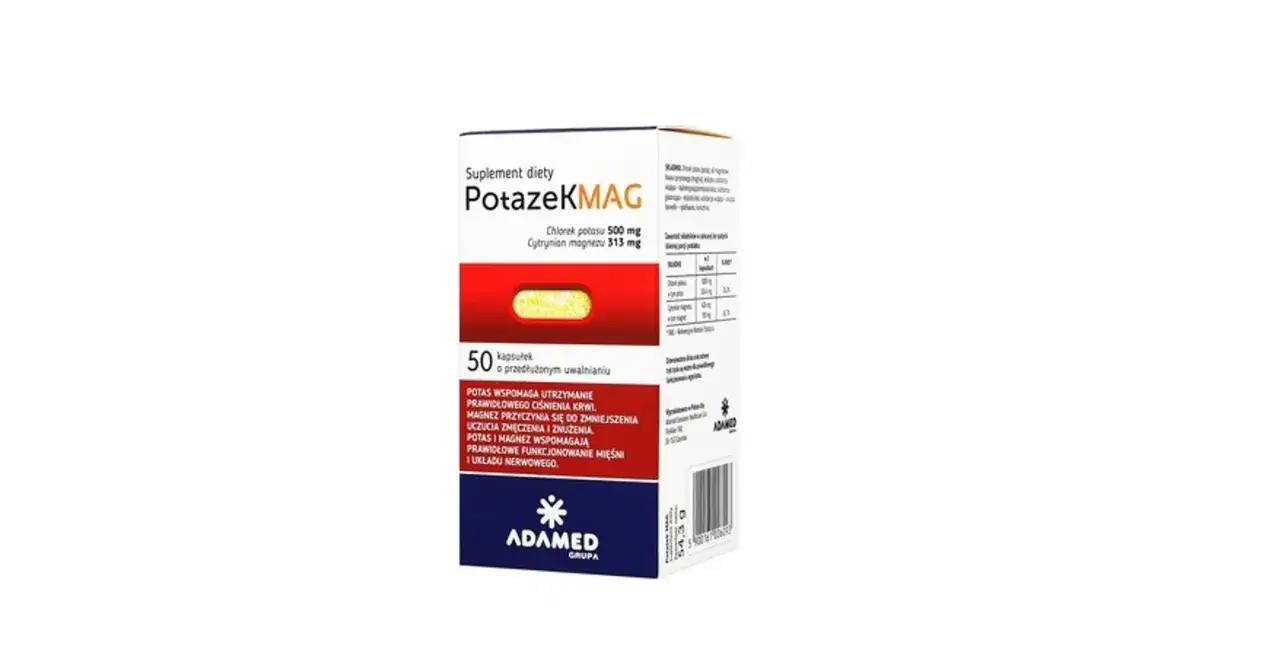 Opakowanie suplementu diety PotazeKMag, zawierające 50 kapsułek. Potas i magnez wspierają prawidłowe ciśnienie krwi, zmniejszają zmęczenie i wspomagają mięśnie.