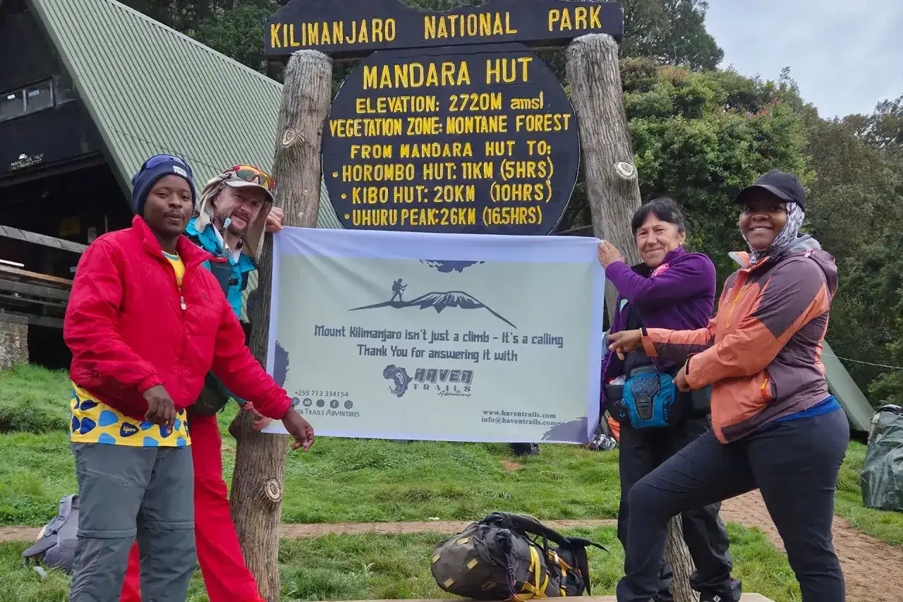 Grupa turystów przed znakiem Kilimanjaro National Park. Planujesz jak przygotować kondycję do wyprawy na Kilimandżaro w pół roku?