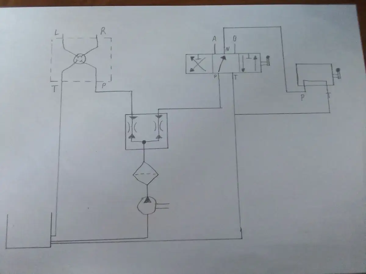 Schemat układu hydraulicznego, pokazujący jak podłączyć orbitrol. Widoczny zbiornik, pompa, filtry, zawór rozdzielający i orbitrol.