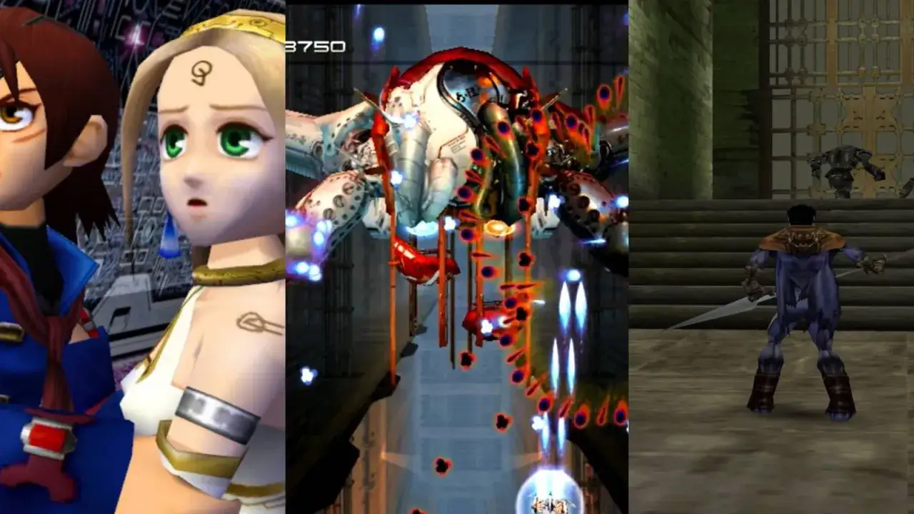 Personajes de anime, nave disparando a un jefe mec&aacute;nico y guerrero con espada. Escenas de los mejores juegos Dreamcast.