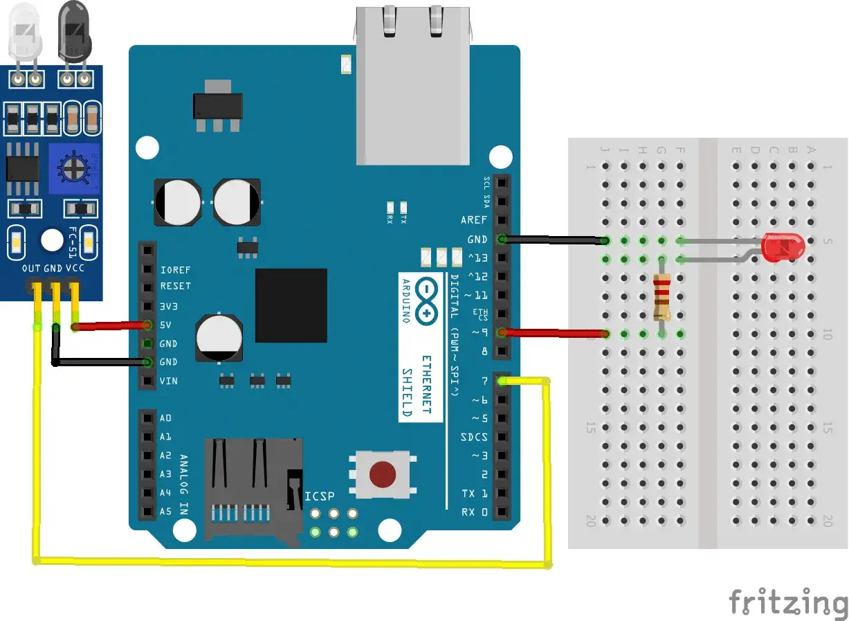 Schema di collegamento di un sensore IR con Arduino. Il sensore FC-51 &egrave; collegato all'Arduino per rilevare oggetti.
