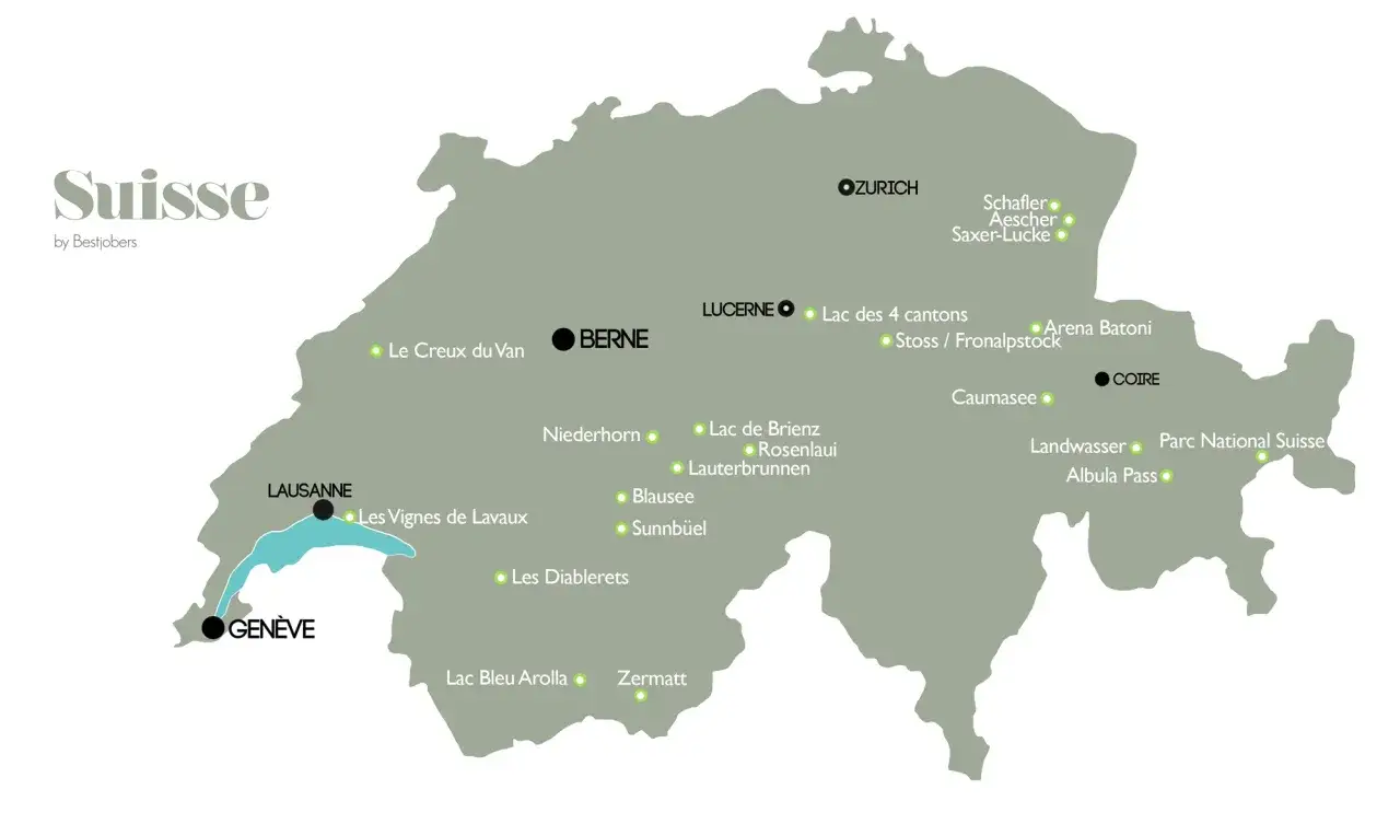 Carte de la Suisse avec des points d'intérêt touristiques. Un guide suisse pour découvrir les lacs, montagnes et villes emblématiques.