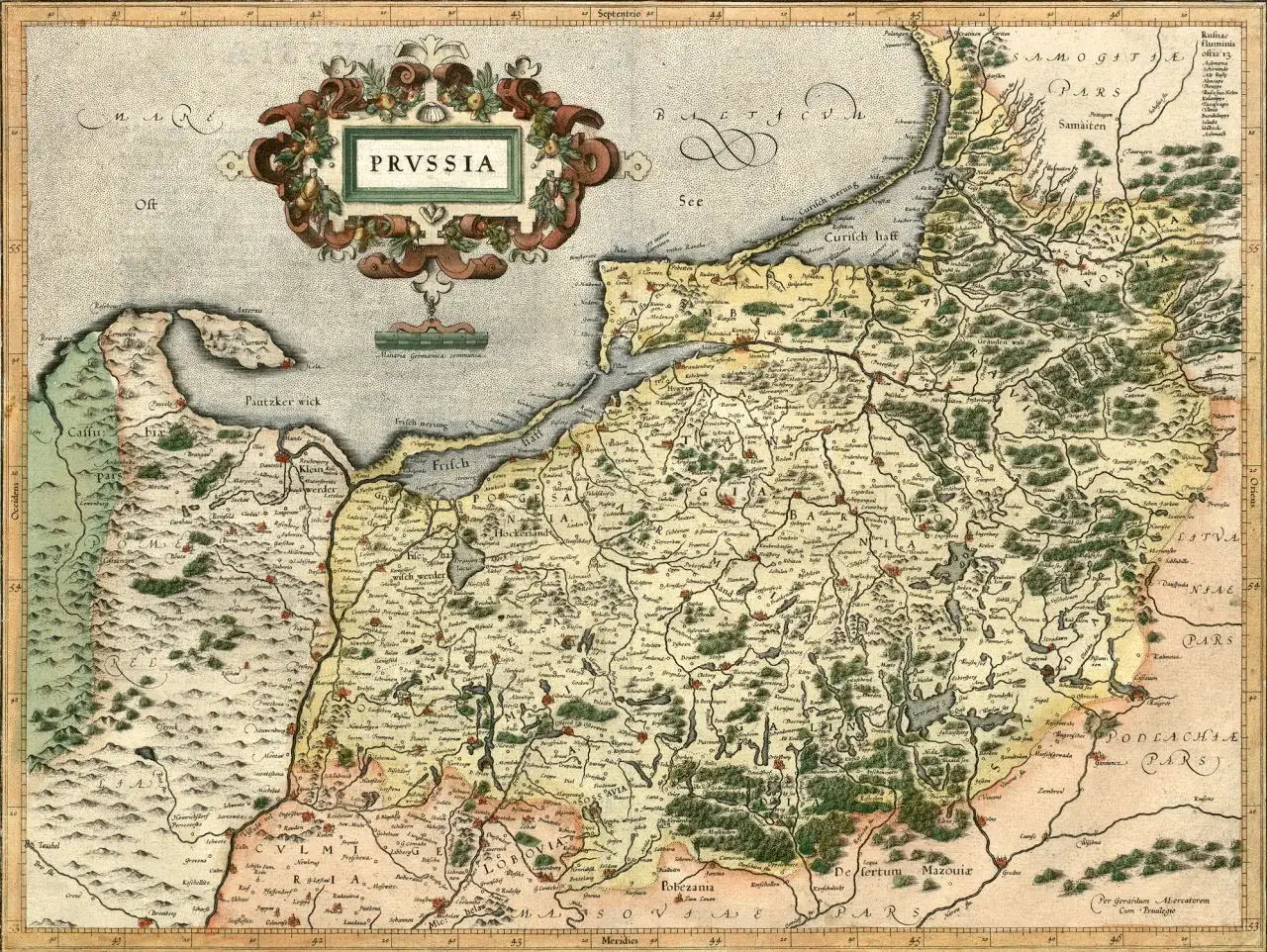 Stara mapa Prus z widokiem na morze, gdzie zatoka gdańska to morze.