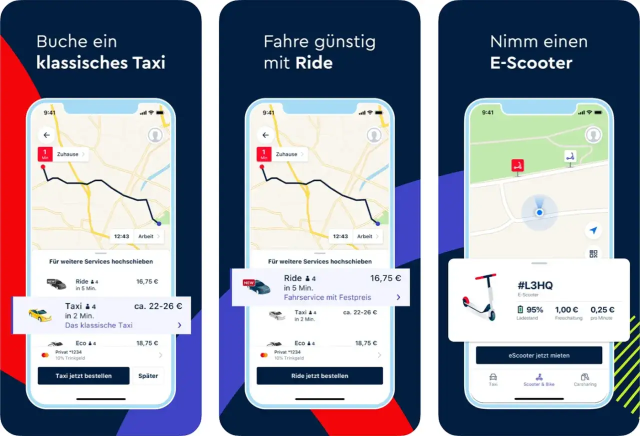 App-Screens zeigen Taxi- und E-Scooter-Buchung. Keine free now beschwerde, nur Optionen.