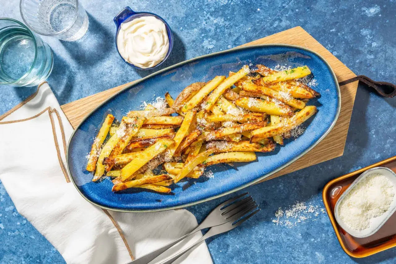 En blå tallrik med gyllene pommes frites, toppade med riven ost och örter. Bredvid finns en skål med majonnäs och ett glas vatten.