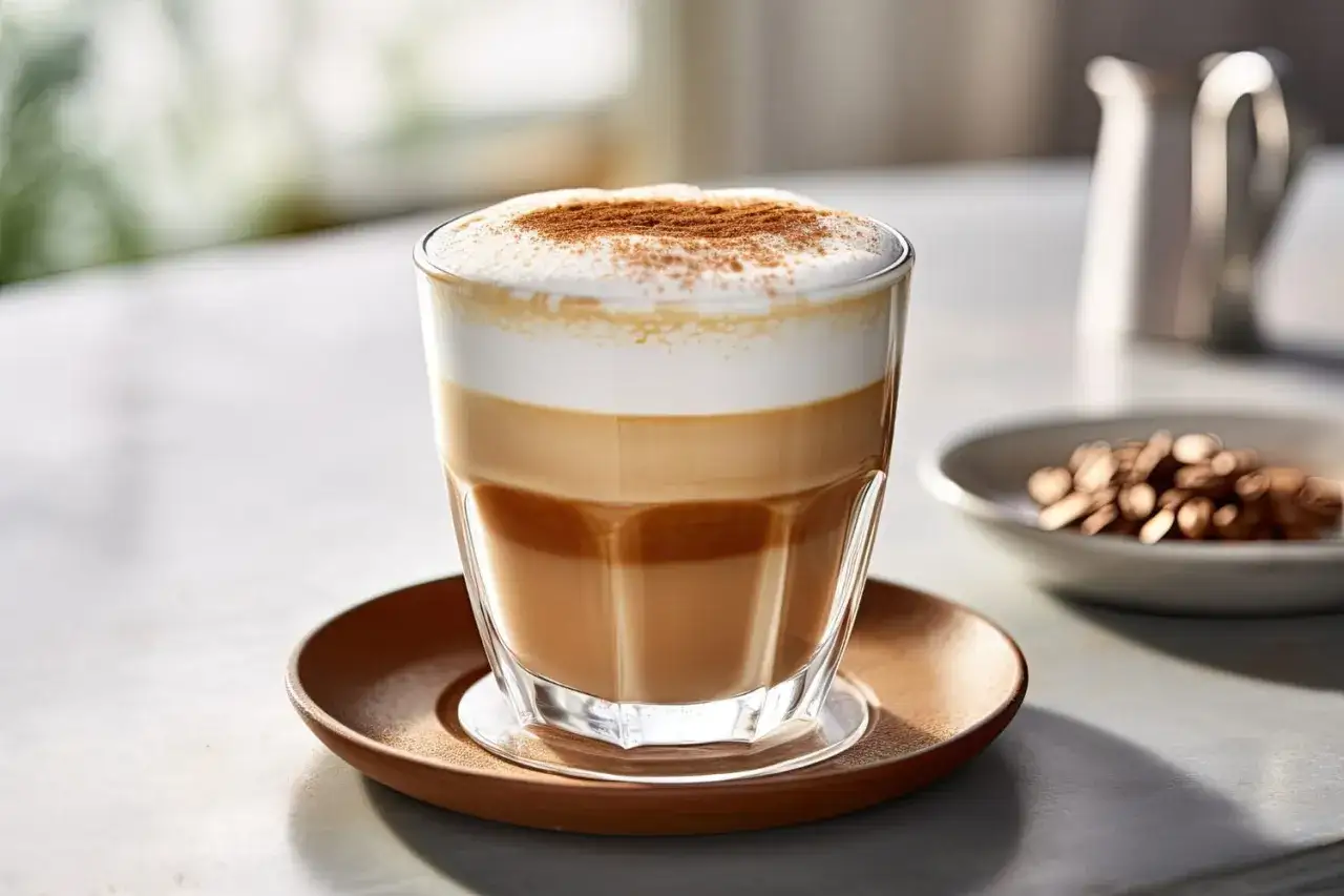 En vacker kaffe macchiato med lager av mjölk och espresso, toppad med skum och kanel. En perfekt start på dagen.