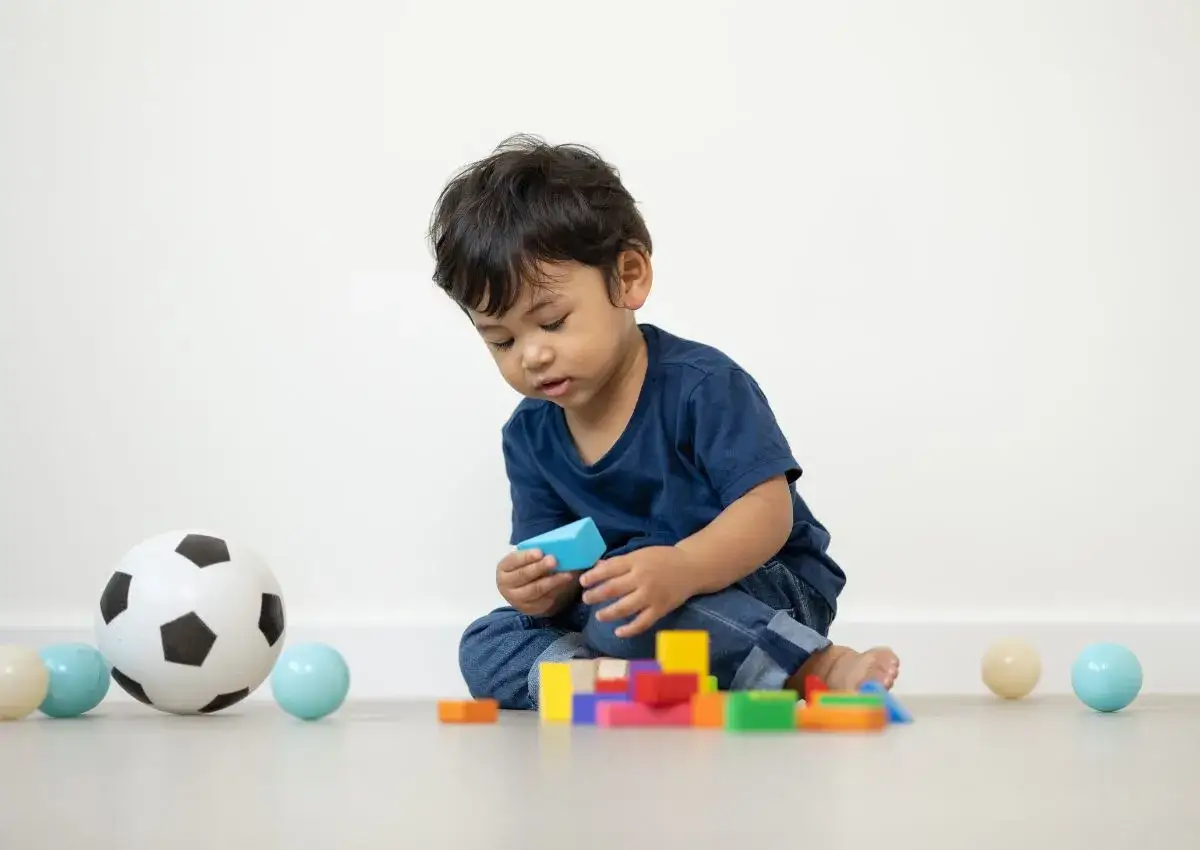 Ni&ntilde;o de 3-4 a&ntilde;os jugando con bloques de colores y pelotas, ideal para actividades en casa.