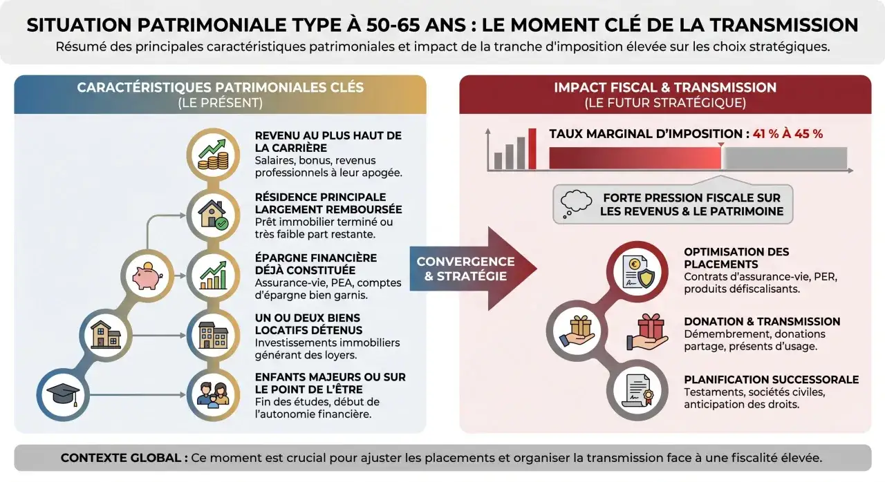 Schéma illustrant la situation patrimoniale type 50-65 ans. Il est temps de prendre date pour votre assurance vie et de planifier votre transmission.