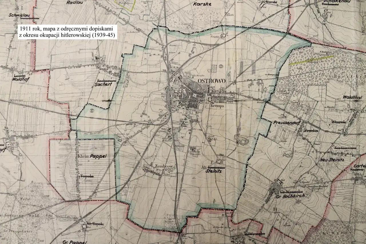 Mapa z 1911 r. z dopiskami z okresu okupacji. Widać tu Ostrów, który leży w Wielkopolsce, otoczony wsiami jak Radlau, Karske, Waldhof.