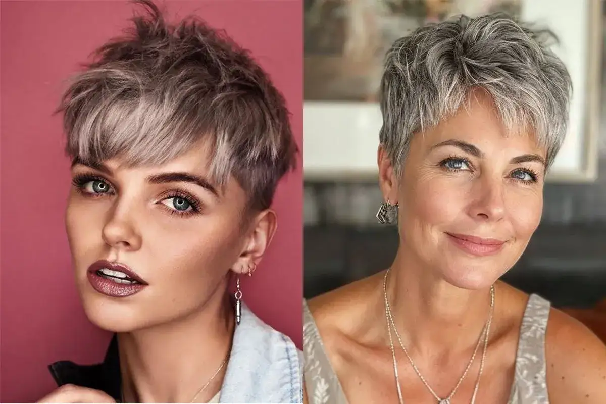 Dwie kobiety prezentują stylowe fryzury pixie krótkie włosy. Jedna z nich ma popielaty blond, druga siwe włosy.