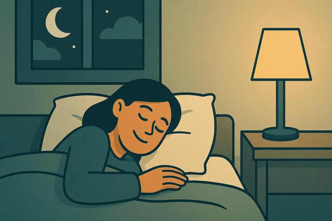 En person sover djupt i en s&auml;ng, med en nattlampa t&auml;nd och m&aring;nen synlig genom f&ouml;nstret. Kanske vaknar hen aldrig utvilad trots dr&ouml;mmarna.