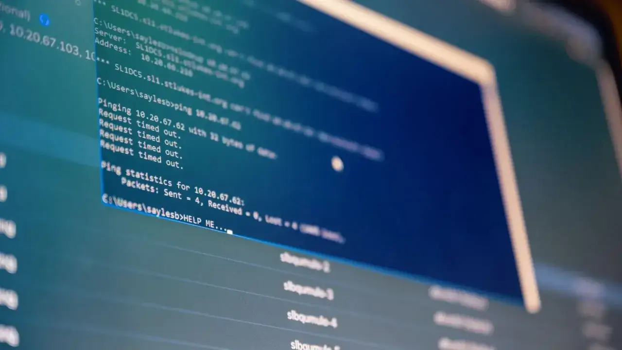 Na ekranie komputera widać fragment kodu i komunikaty o błędach pingowania. Optymalizacja zapytań SQL może pom&oacute;c rozwiązać problemy z wydajnością.
