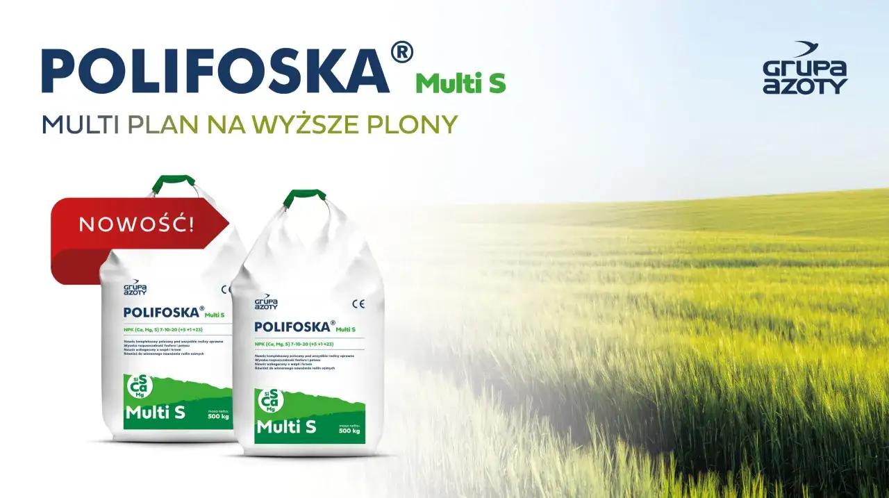 Dwie torby nawozu POLIFOSKA Multi S na tle zielonego pola. Hasło