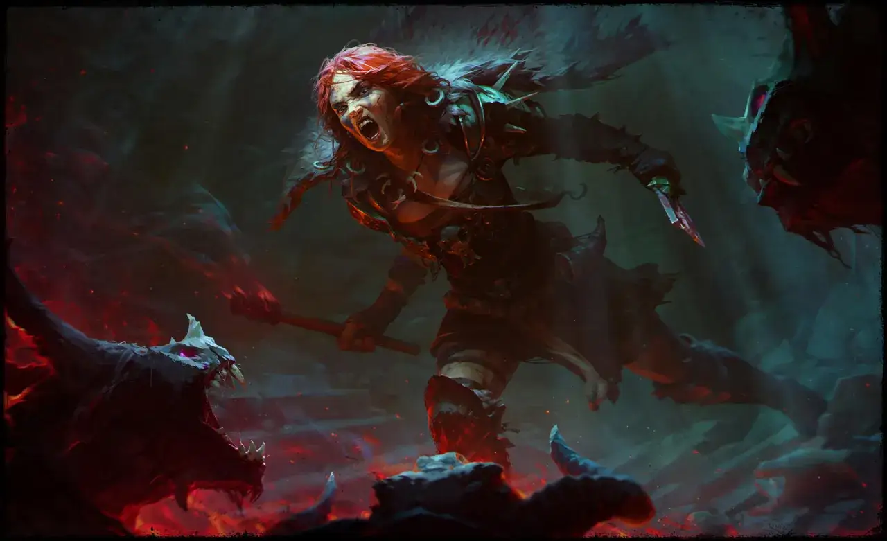 Wściekła barbarzyńca z Diablo 4, w ogniu walki, z toporem i sztyletem, gotowa do ataku. Jej diablo 4 barbarzyńca build jest zabójczy.