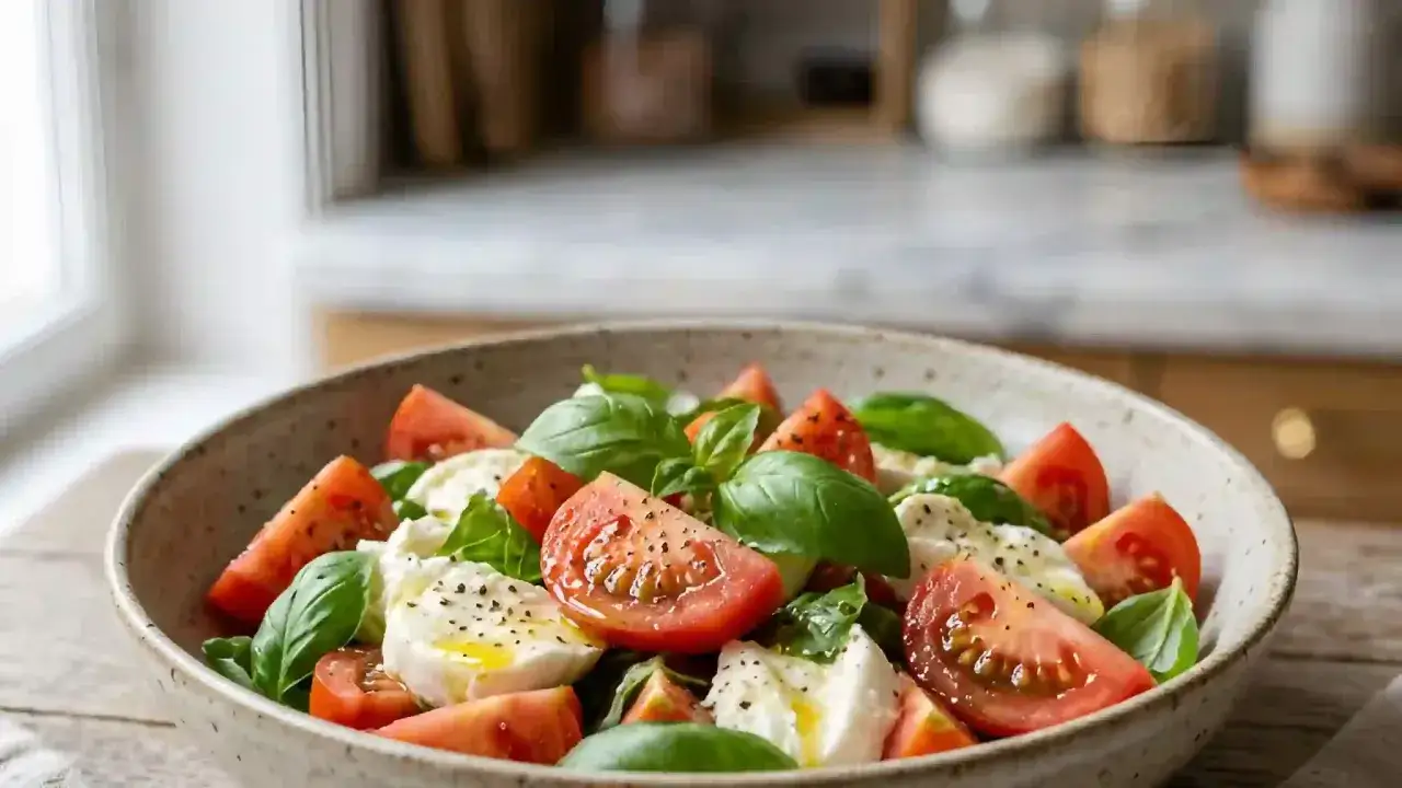 Salade mozzarella fra&icirc;chement pr&eacute;par&eacute;e, avec des tomates juteuses, du basilic parfum&eacute; et un filet d'huile d'olive. Un d&eacute;lice estival.
