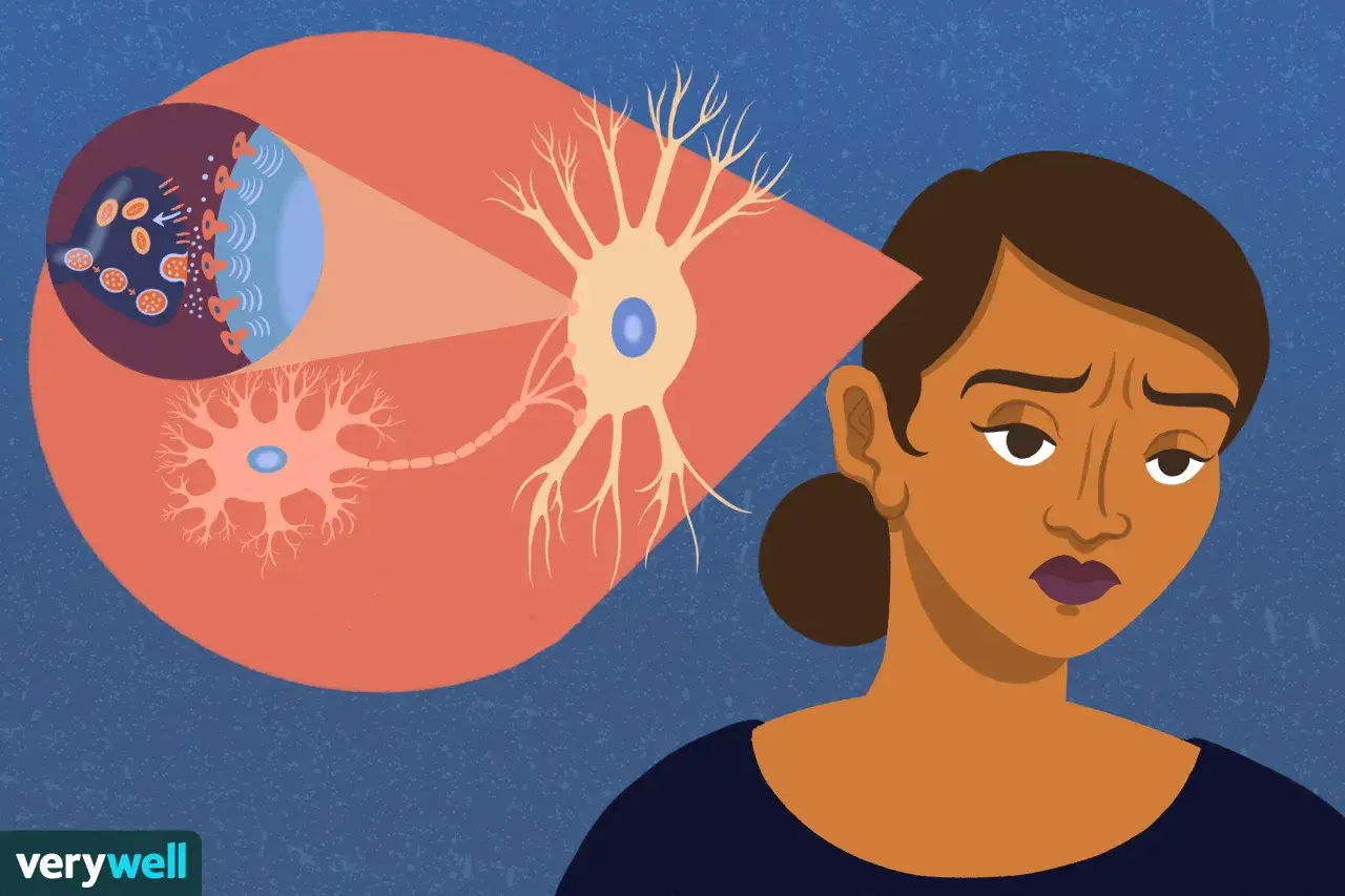 Illustration visar hur funkar antidepressiva genom att illustrera hur signalsubstanser påverkar nervceller. En orolig kvinna tittar på en förstoring av hjärnceller.