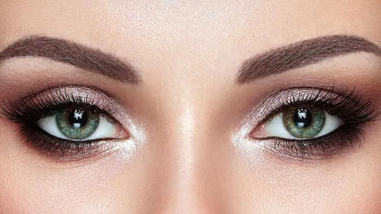 Ojos verdes deslumbrantes con un maquillaje ahumado y brillante. Pestañas largas y cejas definidas realzan la mirada.