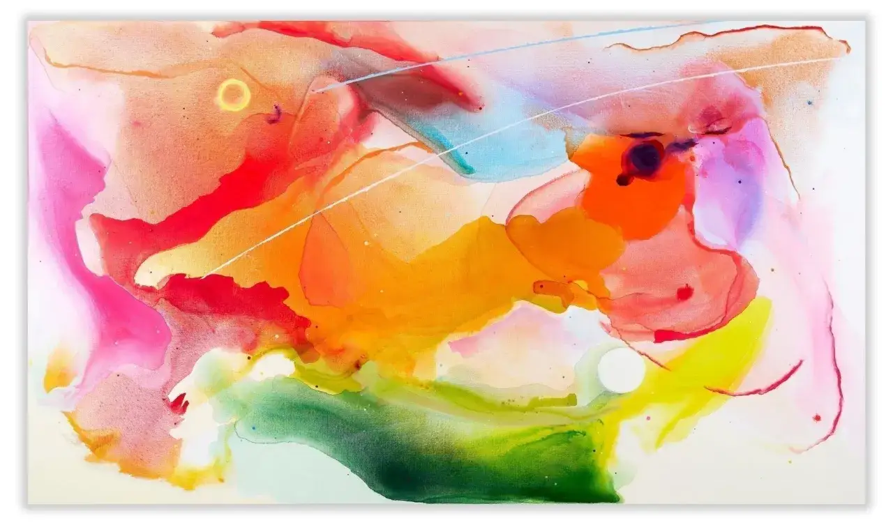 Vibrant, fluid abstract painting with pink, orange, and green hues, reminiscent of the bold colors and emotional depth of expressionist artists.