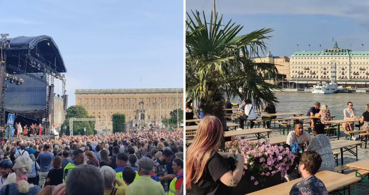 Stor publik vid ett utomhusevenemang framför en byggnad, och folk som sitter vid bord vid vattnet. Ett härligt festival i Stockholm!