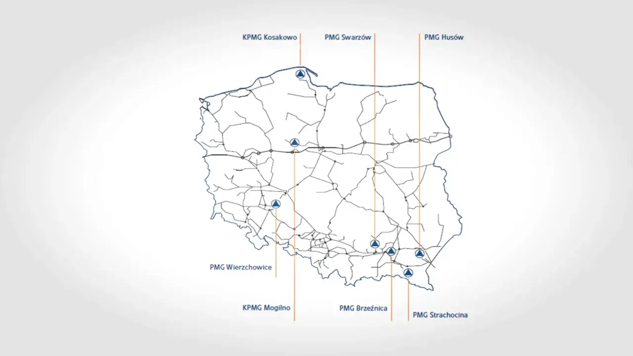 Mapa Polski z zaznaczonymi punktami dystrybucji gazu. Pokazuje, ile gazu zużywa Polska i gdzie znajdują się kluczowe instalacje.