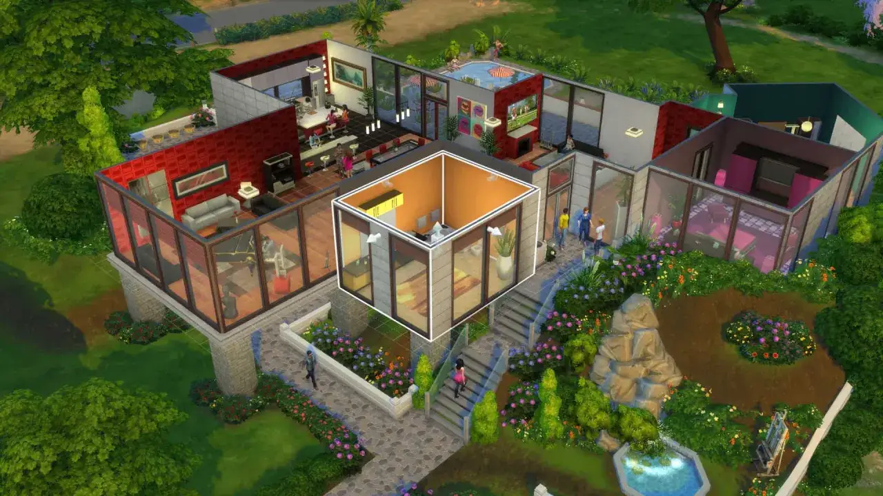 Nowy dom w The Sims 4, jakbyś dostał kod na darmowe domy. Nowoczesna architektura, basen, ogród.