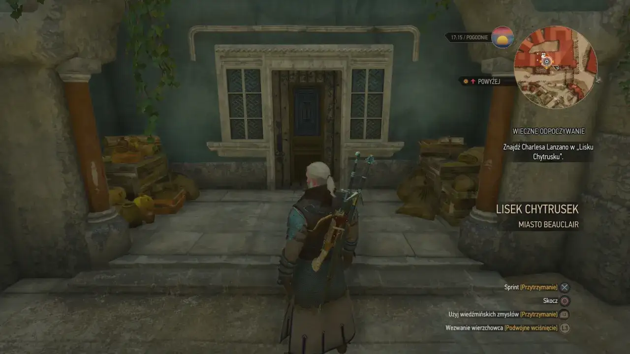 Geralt stoi przed drzwiami, szukając Charlesa Lanzano w