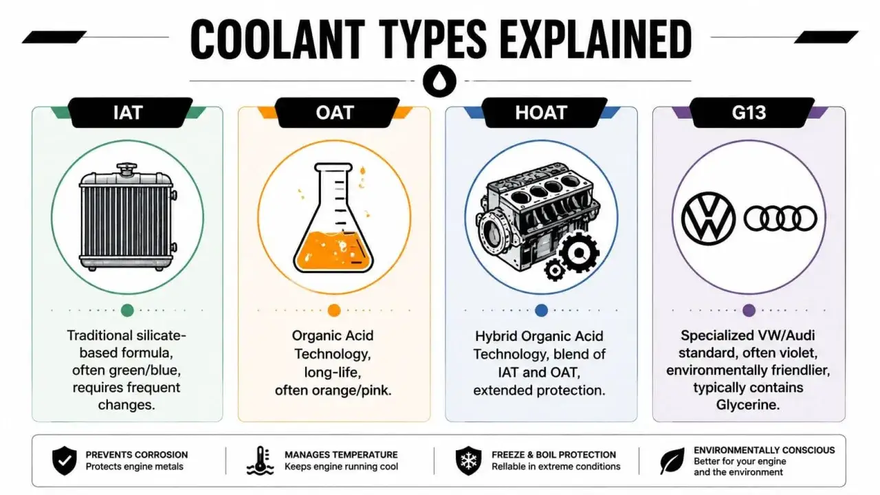 Comparativa de cada tipo de anticongelante: IAT, OAT, HOAT y G13. Cada uno con sus caracter&iacute;sticas y usos.