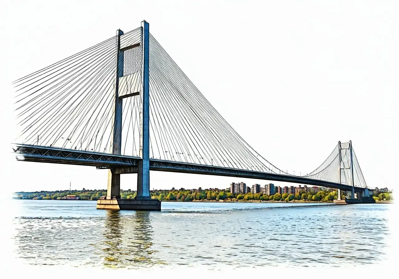 Puente atirantado cruza un r&iacute;o azul, con edificios y &aacute;rboles al fondo. Me pregunto como se dice puente de vacaciones en ingles.