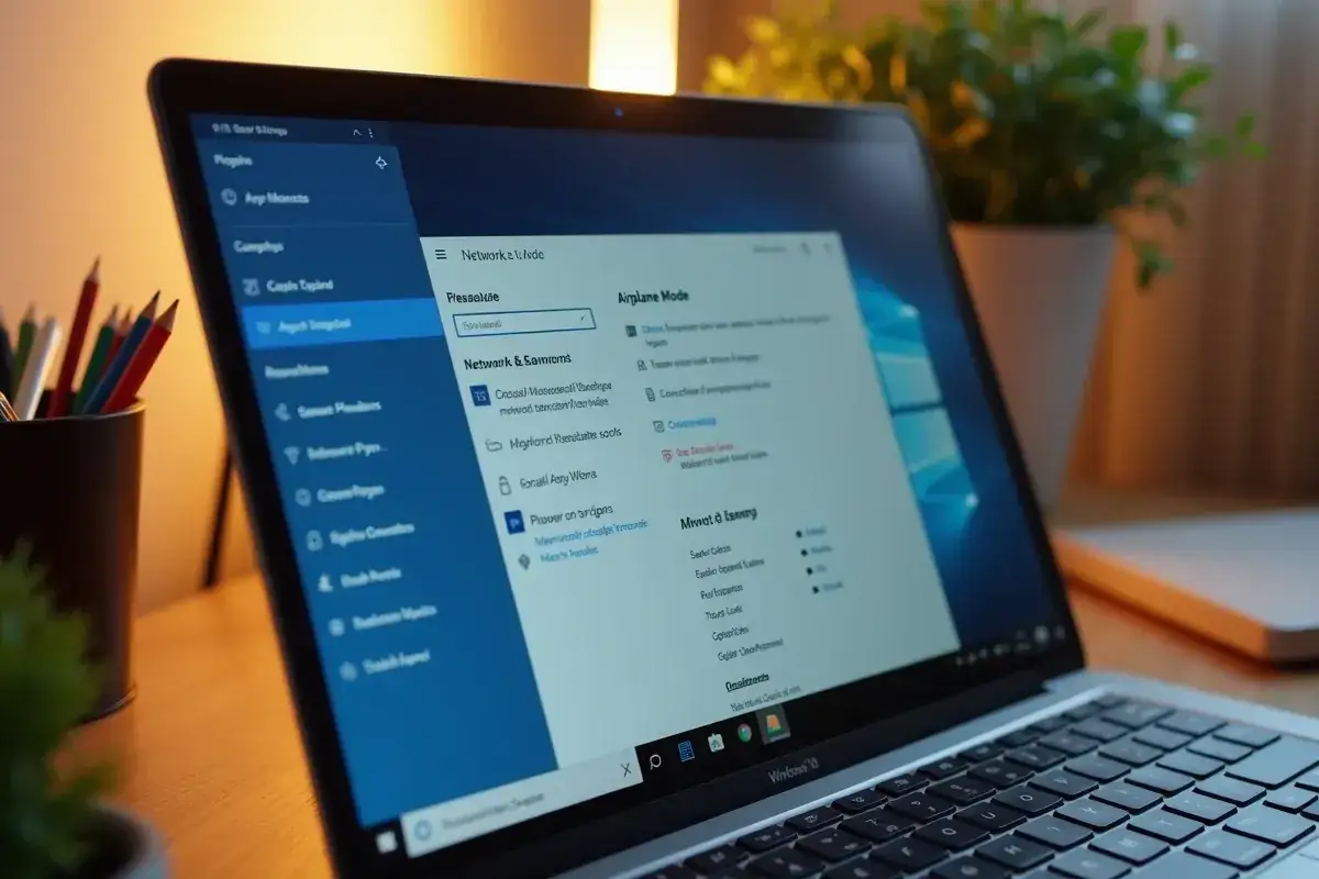 Ekran laptopa z ustawieniami sieci, pokazujący jak wyłączyć tryb samolotowy w laptopie.