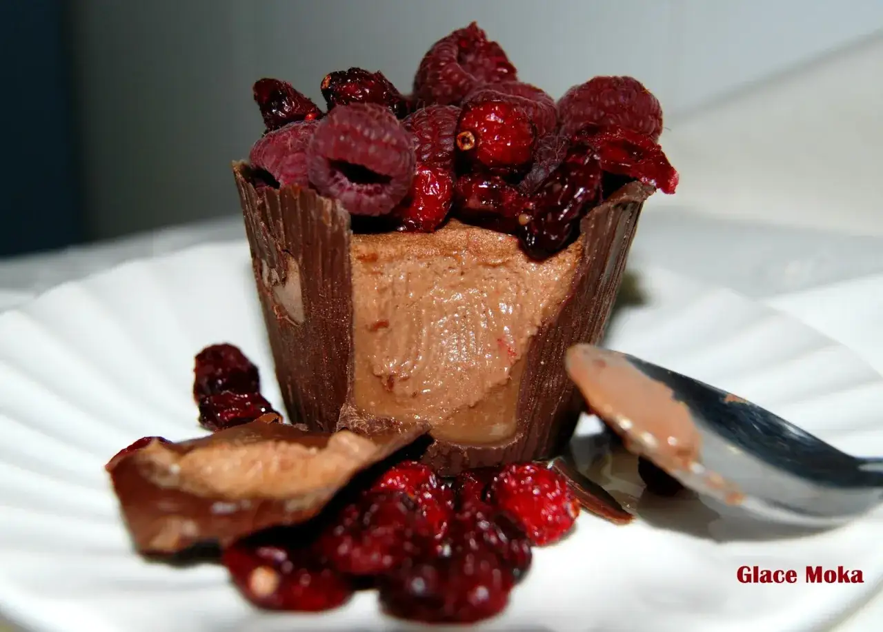Delicioso postre fácil de chocolate con frambuesas y arándanos secos, servido en una copa de chocolate.