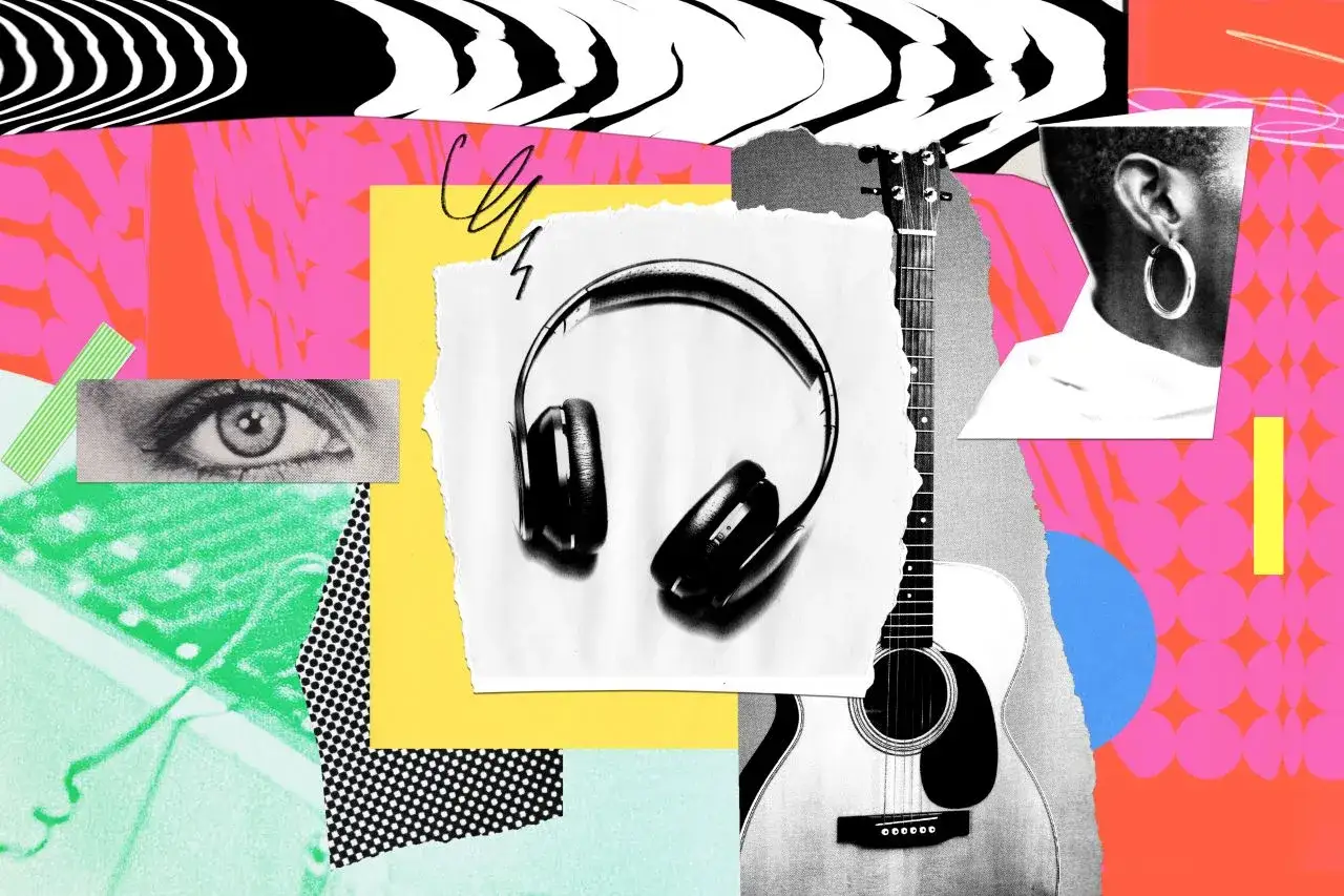 Collage mit Kopfhörern, Gitarre, Auge und Ohr. Bunte Formen und Muster. Perfekt für Musik Werbung.