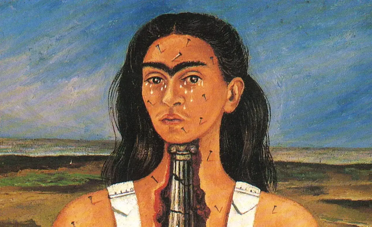 Frida Kahlo, cierpiąca z powodu niepełnosprawności, ukazuje ból i cierpienie poprzez wbite w ciało gwoździe.