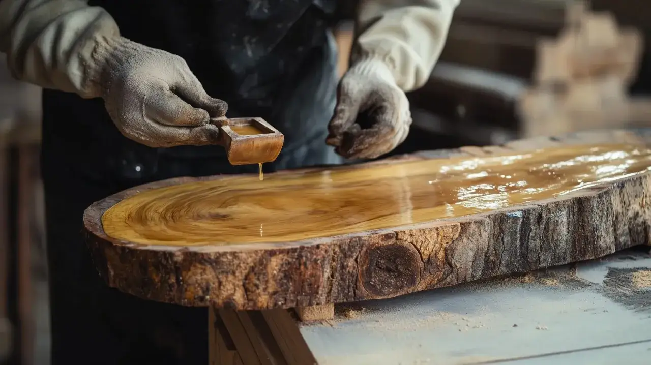 Hände mit Handschuhen tragen eine goldene Flüssigkeit auf einen rustikalen Baumscheiben-Holztisch auf, um ihn zu lasieren und zu schützen.