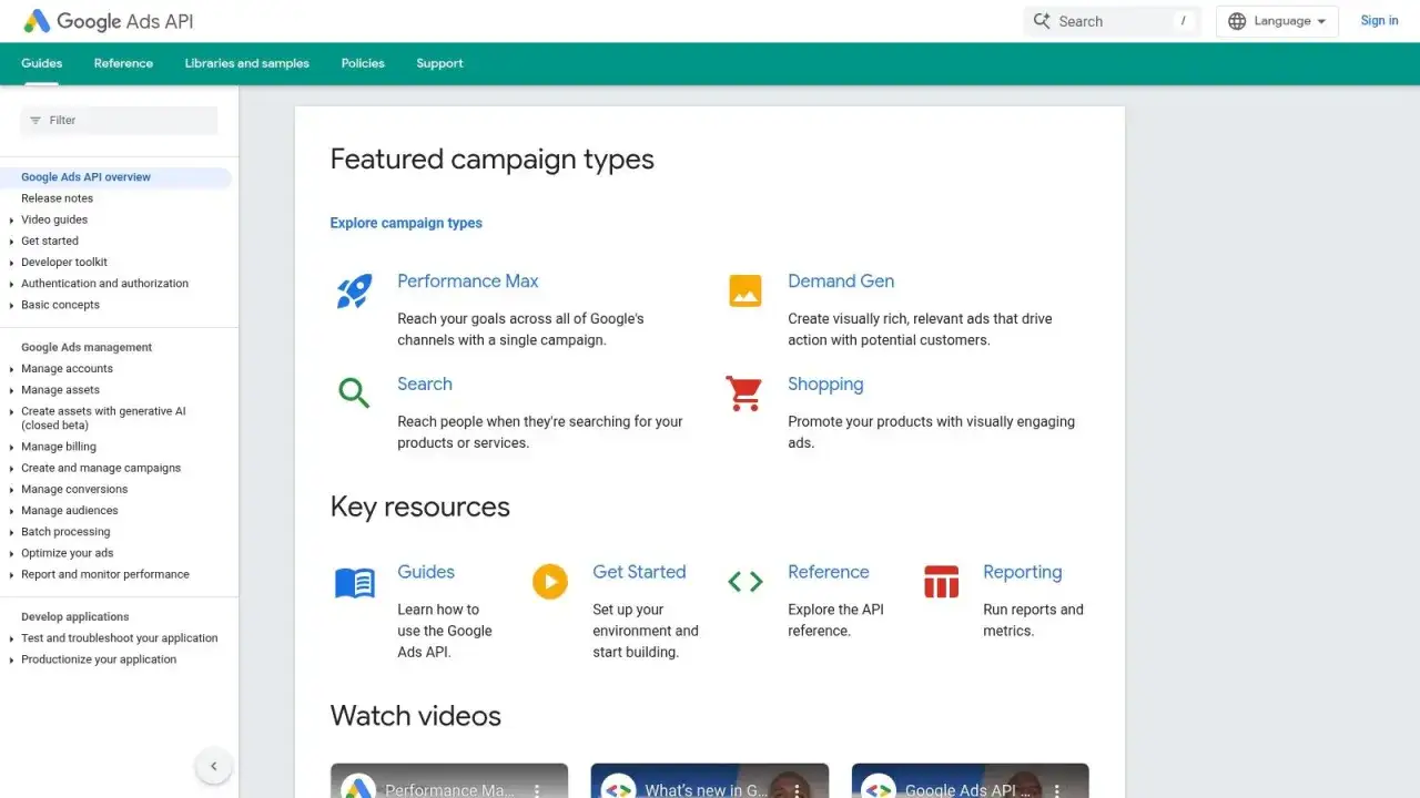 Page d'accueil de l'API Google Ads, présentant les types de campagnes comme Performance Max, Search, Demand Gen et Shopping, pour une campagne intelligente.