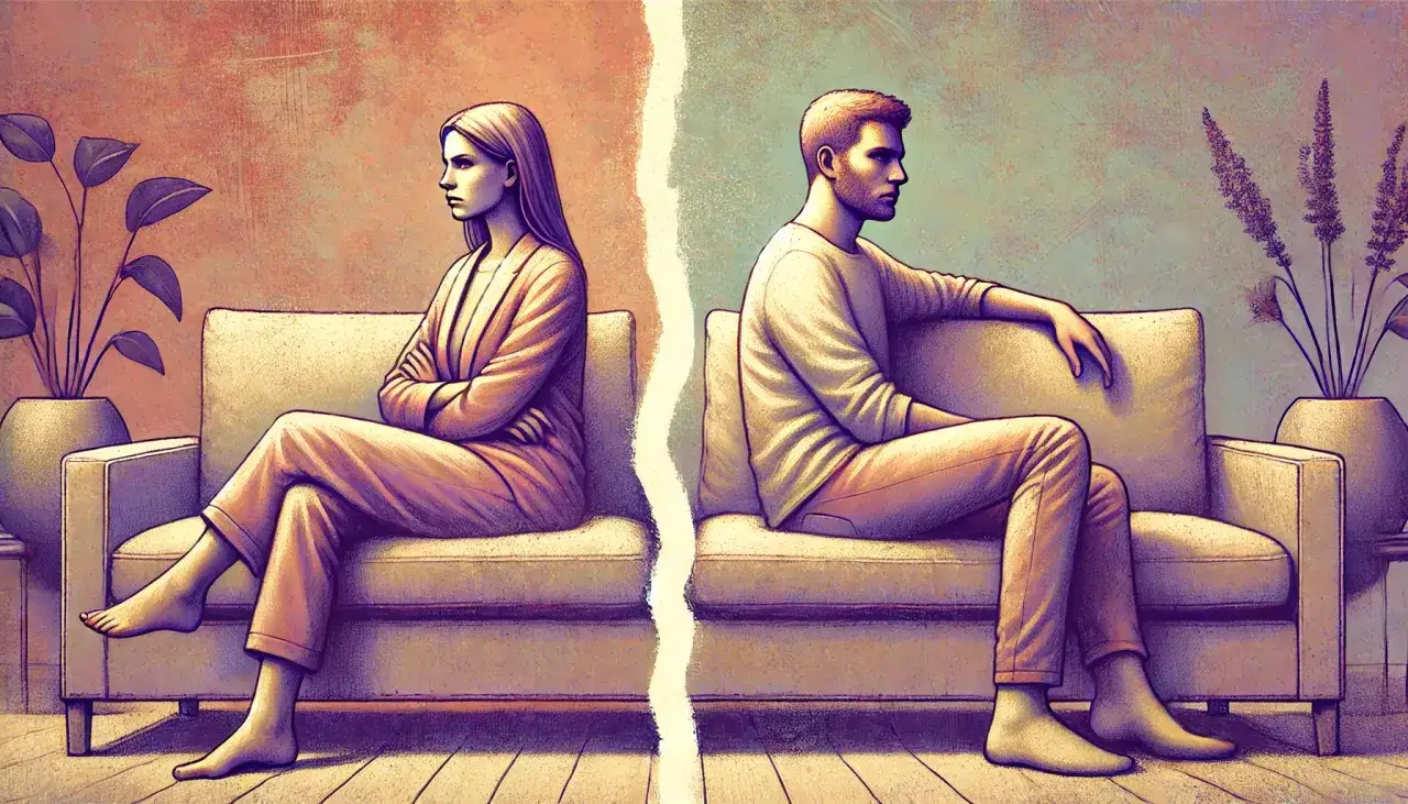 Coppia seduta su divani separati, con sguardi distanti. Un'immagine che evoca una profonda crisi di coppia, un silenzio carico di tensione.