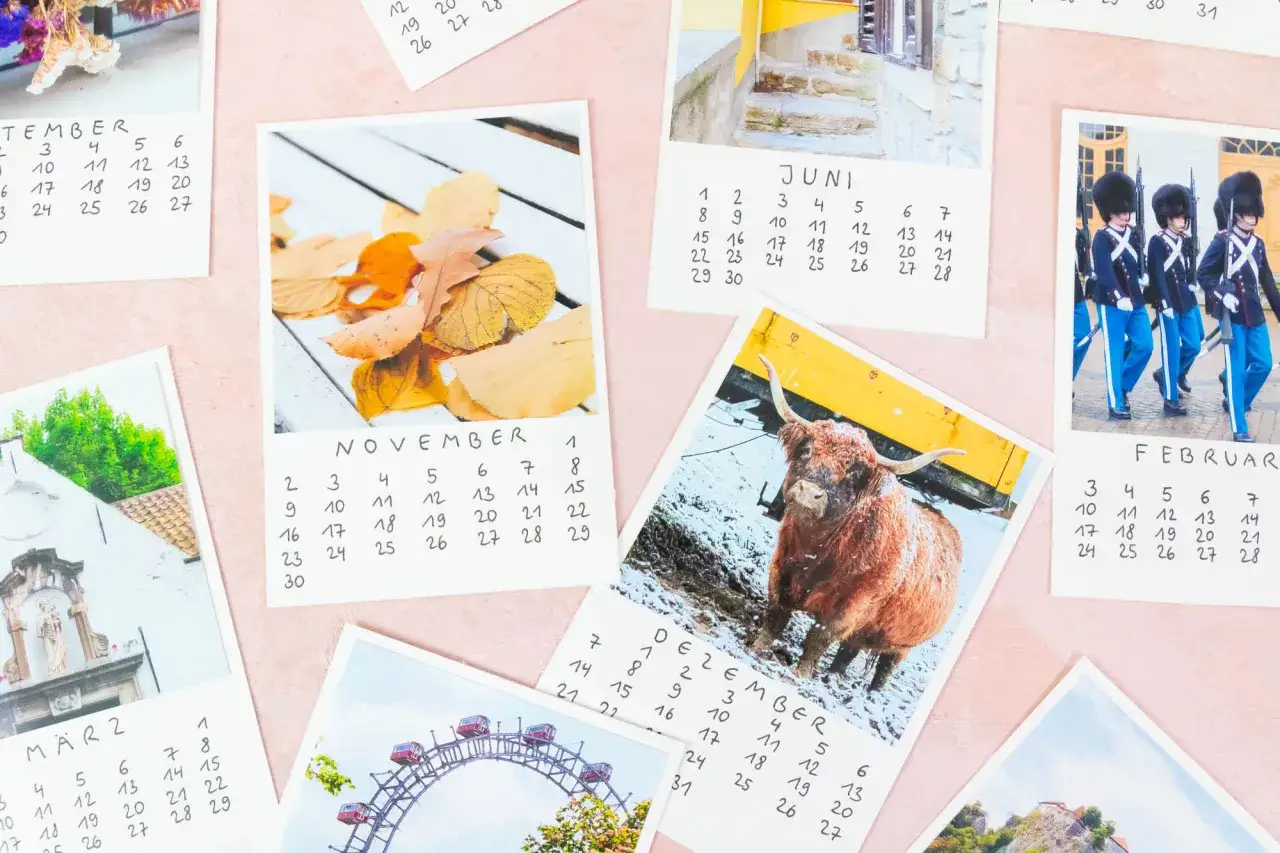 Ein **fotokalender selber basteln** mit Bildern von Novemberlaub, einem schottischen Hochlandrind, Wachsoldaten und mehr.