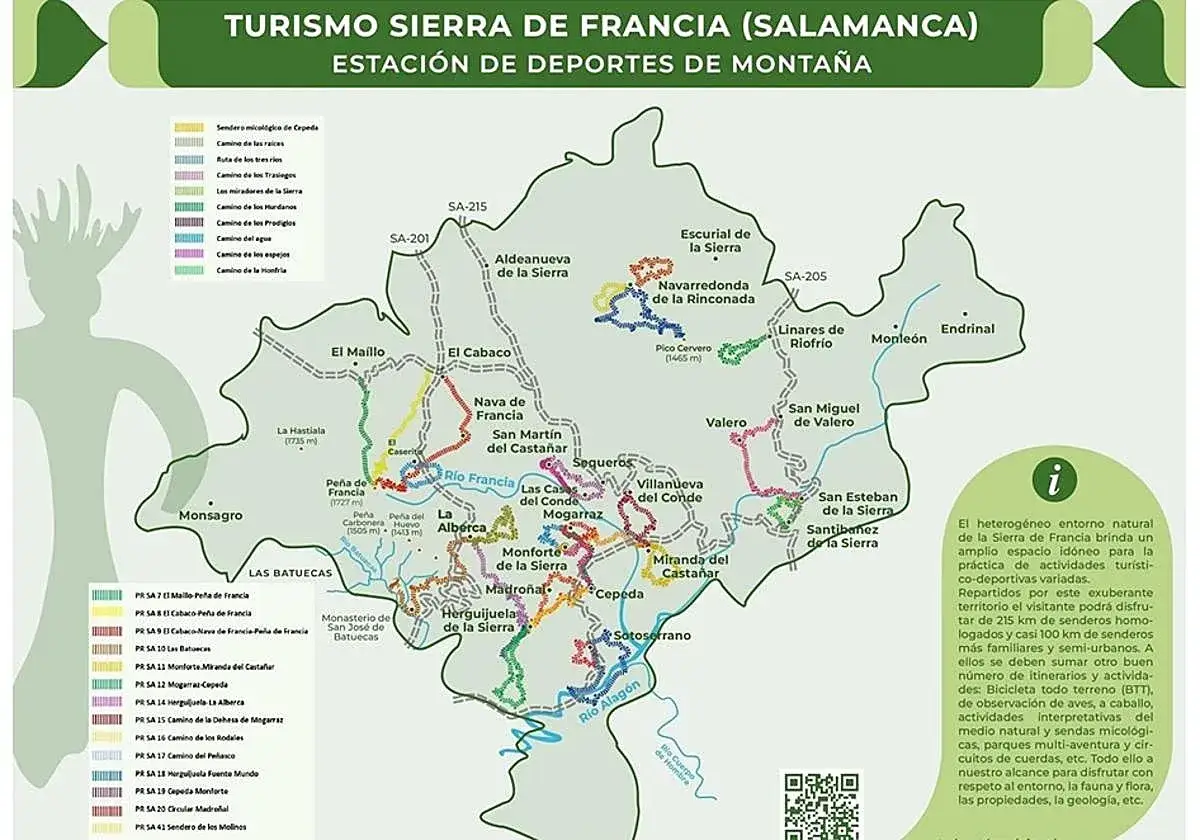 Mapa de rutas para caminar cerca de mi en la Sierra de Francia, Salamanca. Muestra senderos y caminos con diferentes colores.