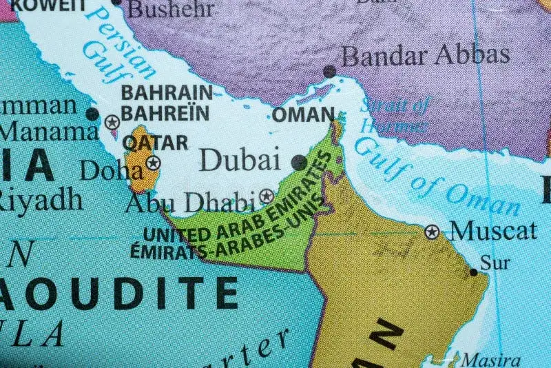 Mapa Zjednoczonych Emiratów Arabskich z zaznaczonym Dubajem