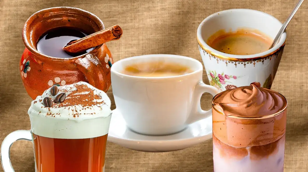 F&uuml;nf verschiedene Kaffeegetr&auml;nke, perfekt f&uuml;r den Welt Kaffee Tag: von traditionell bis cremig.
