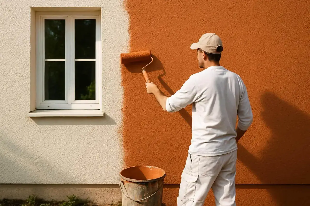 Un homme applique une peinture sur cr&eacute;pis ext&eacute;rieur, transformant une fa&ccedil;ade blanche en une teinte ocre chaleureuse.