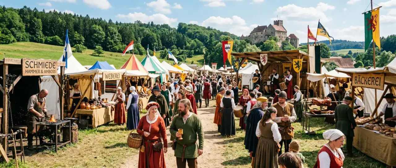 Mittelaltermarkt vor einer Burg mit Schmiede, B&auml;ckerei und Musikern. Viele Besucher genie&szlig;en die Veranstaltungen.