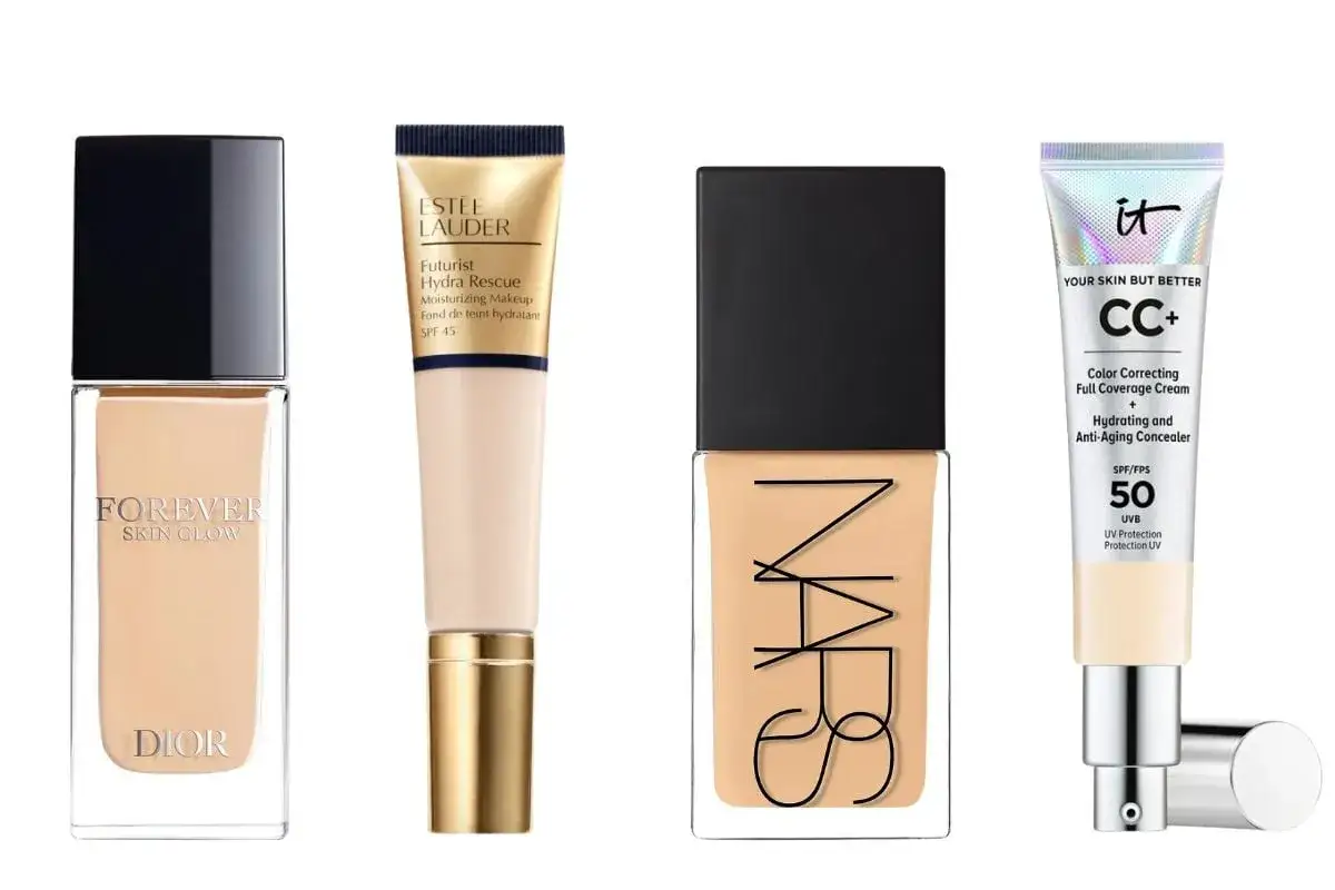 Fyra foundations: Dior Forever Skin Glow, Estée Lauder Futurist Hydra Rescue, NARS och IT Cosmetics CC+ Cream. Perfekt för att sminka rynkor och ge huden lyster.