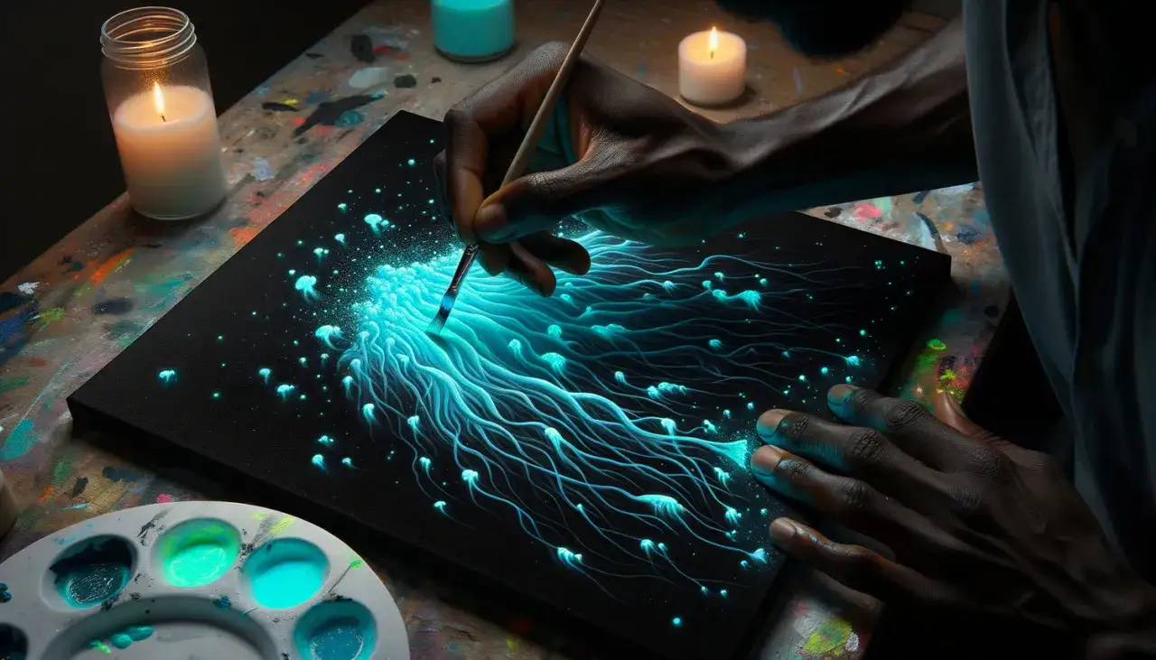 Une main d'artiste crée une peinture sous l'eau lumineuse de méduses bleues sur fond noir, éclairée par des bougies.
