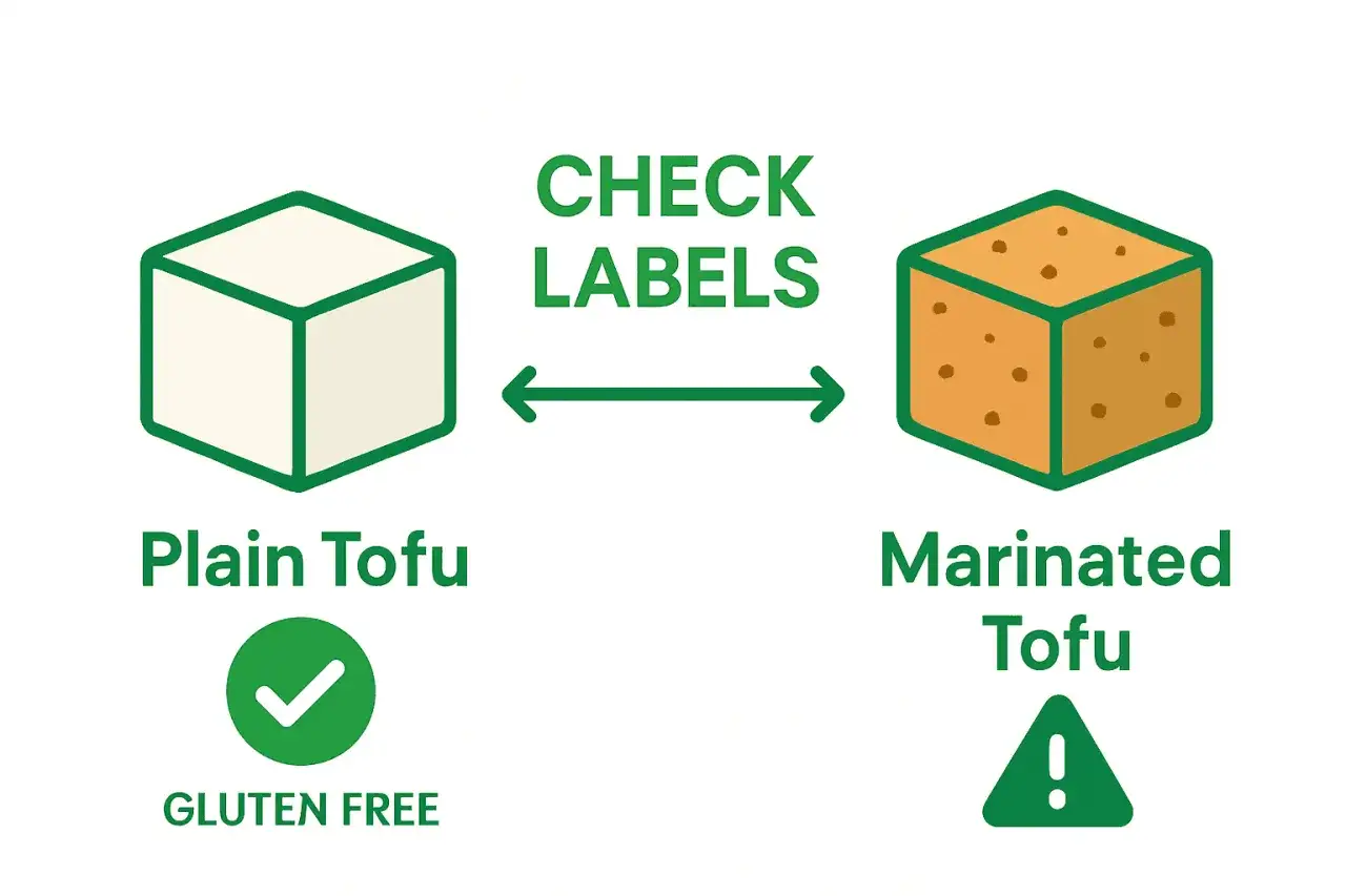 Zwykłe tofu jest bezglutenowe, ale czy tofu ma gluten? Sprawdź etykiety! Marynowane tofu może zawierać gluten.