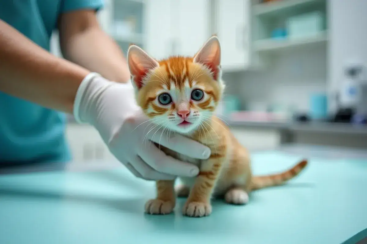 Un adorable chaton tigré roux de 4 mois, aux grands yeux bleus, est examiné par un vétérinaire ganté.
