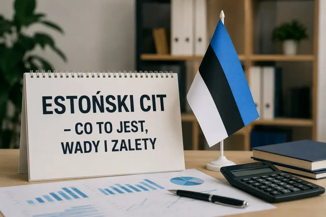 Estoński CIT – co to jest, wady i zalety. Flaga Estonii obok kalendarza z tym tytułem.