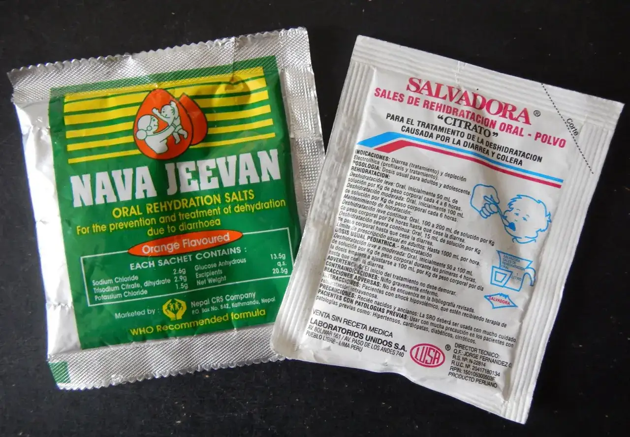 Deux sachets de sels de r&eacute;hydratation orale, un pour pr&eacute;venir la d&eacute;shydratation due &agrave; la diarrh&eacute;e, l'autre pour le traitement. Id&eacute;al pour boire de l'eau avec du sel.