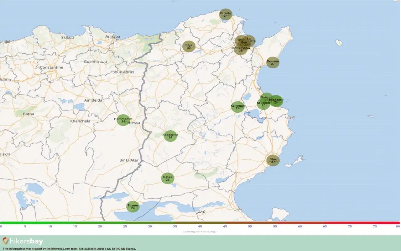 Mapa Tunezji z zaznaczonymi miastami i ich wskaźnikami bezpieczeństwa. Czy Tunezja jest bezpieczna? Wskaźniki wahają się od 23 do 38.